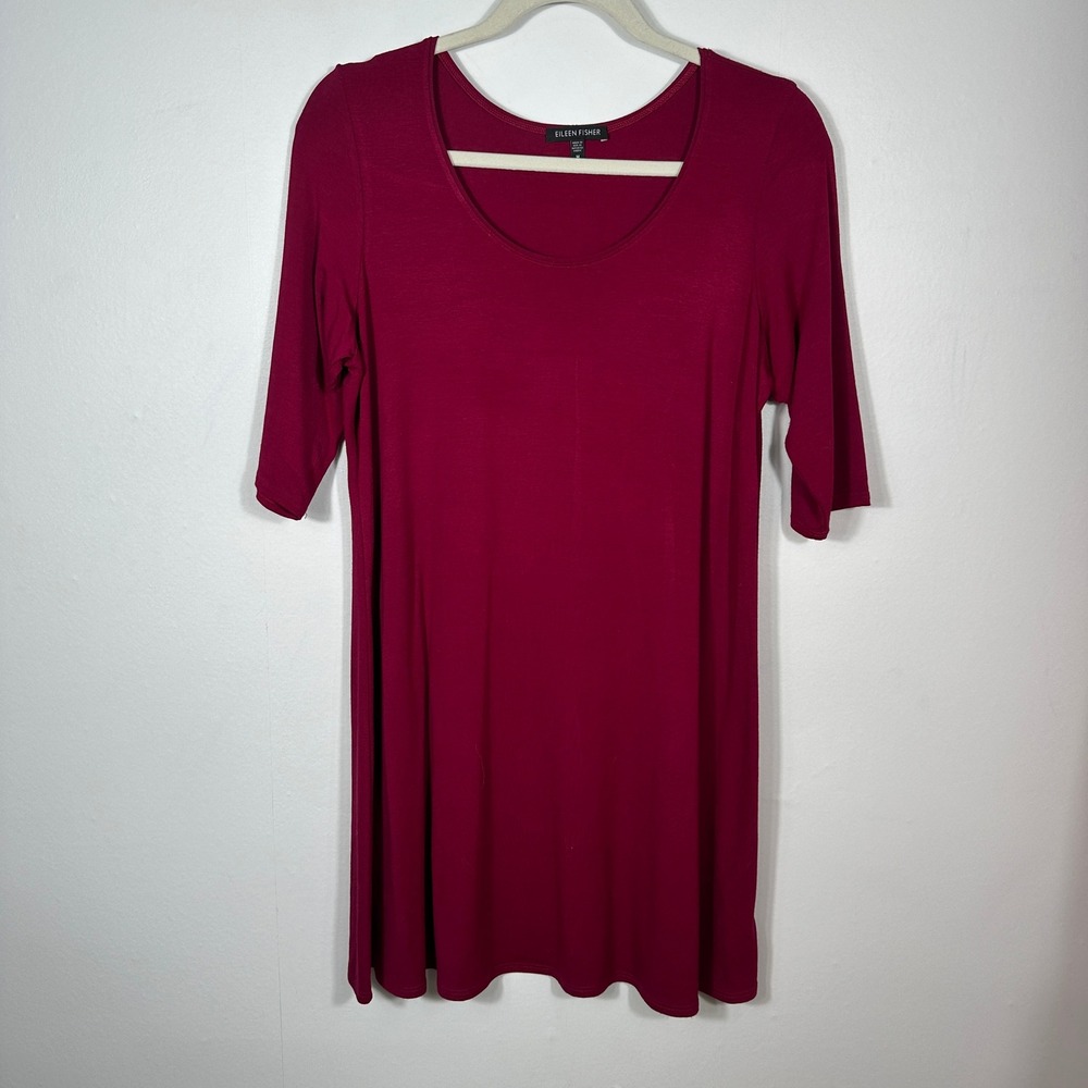 Eileen Fisher Tunic Top Womens Medium‎ Red 3/4 Sleeve Rayon Lycra Scoop